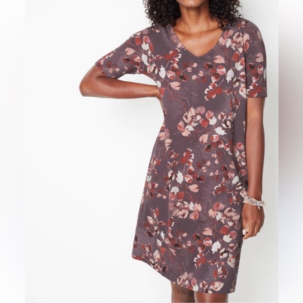 Pure Jill Affinity French Terry Floral Raisin Dress Women’s Medium NWT NEW
